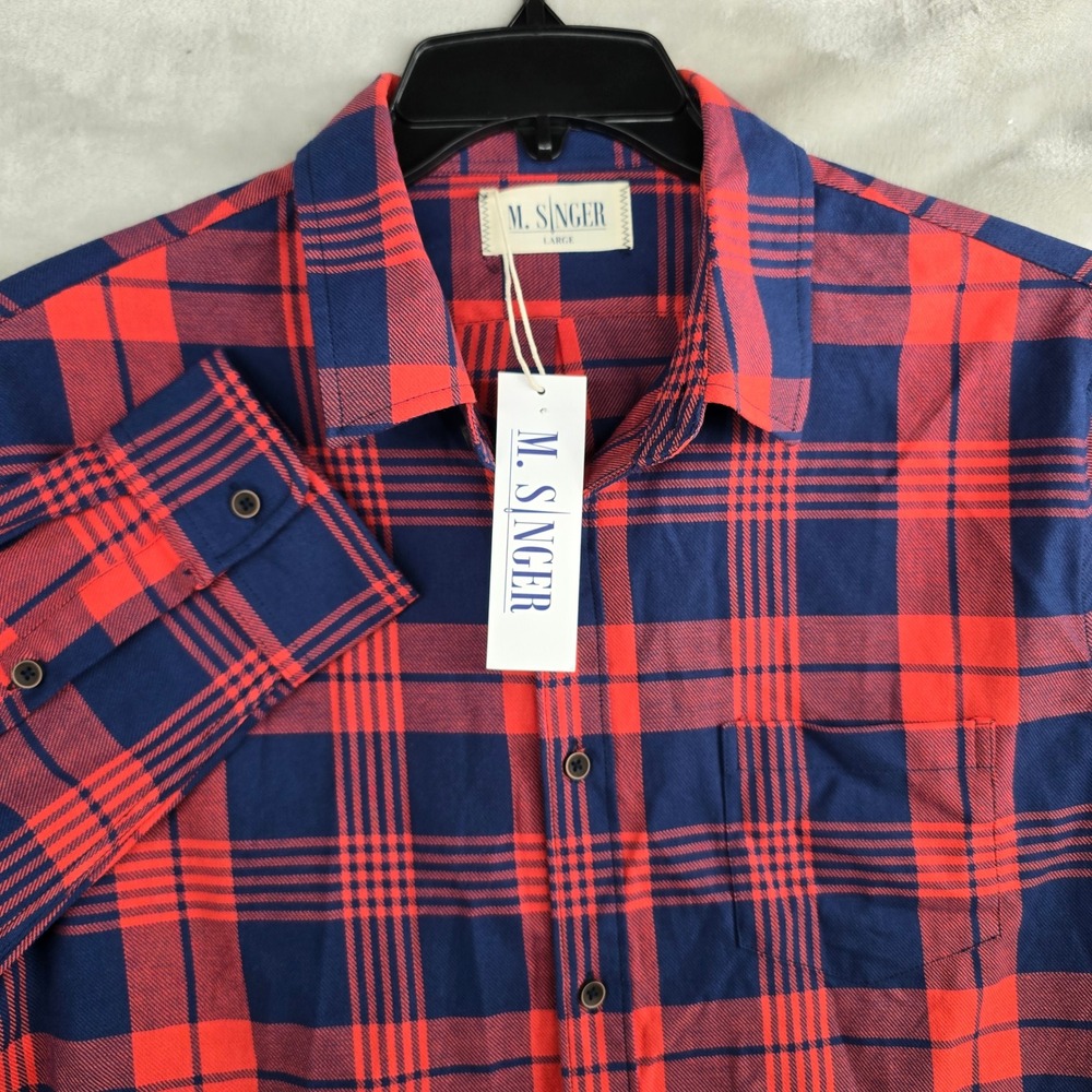 M. SINGER Mens Large Flannel Shirt Red Blue‎ Plaid Long Sleeve Button Up Ranger